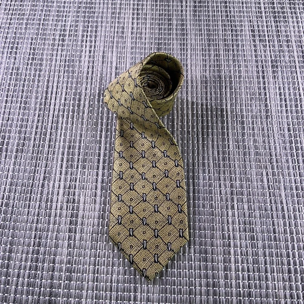 Giorgio Ferri Mens Silk Tie Yellow Paisley Geometric Grid Italy Gold Navy 58x3.7